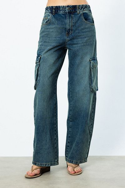 Mi Pret a Porter Mi Cargo Pocket Wide Denim Trousers with Elastic Waist