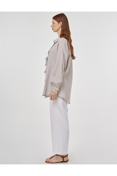 Kayra Bağcıklı Müslin Tunik Açık Gri