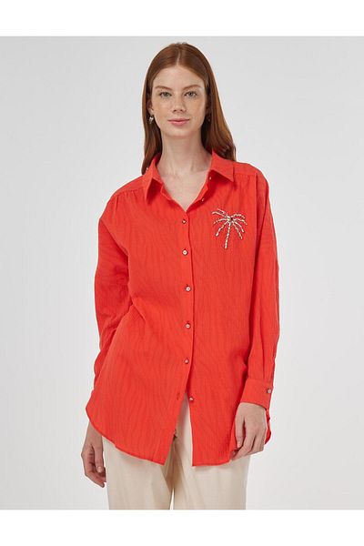 Kayra Palm Embroidered Cotton Tunic Coral