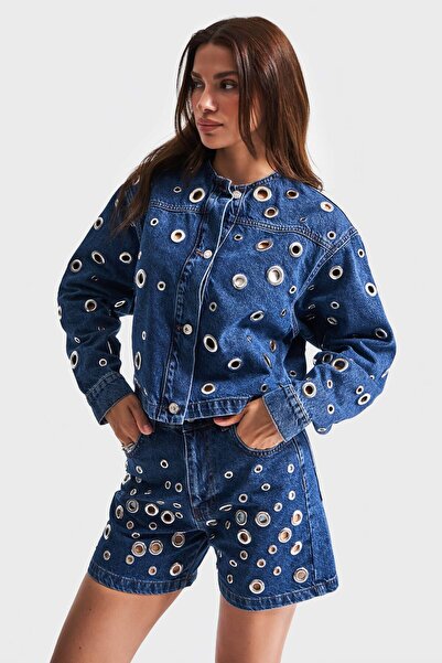 its basic Жіночий синій колір 1s5-5 Пташине око Детальний кроп-оверсайз 100% бавовна Дизайнерська джинсова куртка