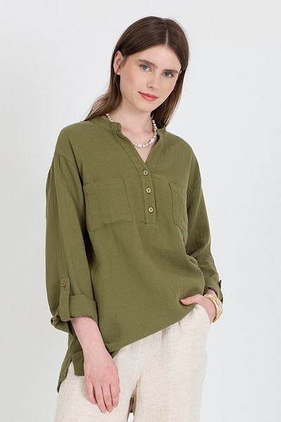 Rays Khaki 100% Cotton Linen Look Judge Collar Tunic Shirt 4698A