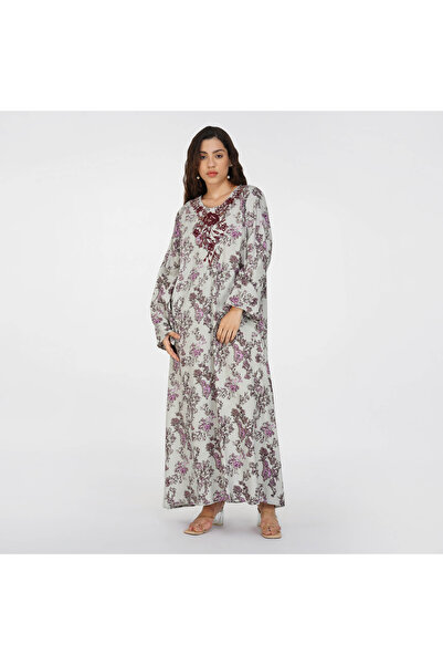 LINELLE جلابية نسائية مطبوعة - ماكسي رمادي من الرايون مع طبعة زهور باللون الك...