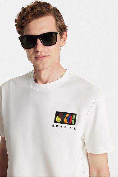 Tudors Relax Fit Relaxed Fit Cotton Front and Back Print and Embroidery Detail Crew Neck White Men's T-Shirt