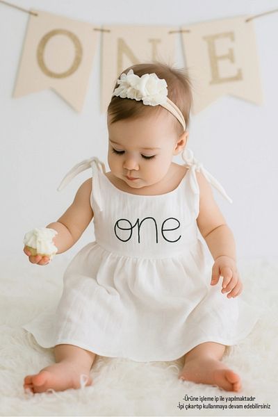 FLOWER BABY One Embroidered Muslin Fabric Birthday Special Occasion Dress