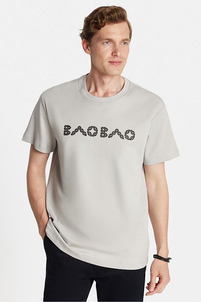 Tudors Relax Fit Relaxed Cut Cotton Front and Back Print Detail Crew Neck Stone Men's T-Shirt