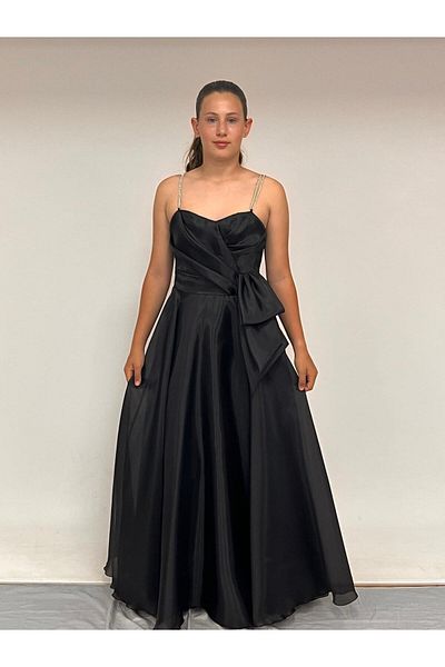 BUTİKHAPPYKİDS Girl's Evening Dress Black Stone Cord Strap Heart Collar Side Self Belt Detail Chiffon Long Evening Dress E