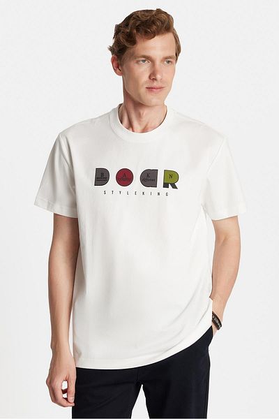 Tudors Relax Fit Relaxed Cut Cotton Front Print Detailed Crew Neck Ecru Men's T-Shirt