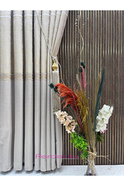 PERDECITY hermes cream gold panel φόντο κουρτίνα 1x3 συντομής πτυχής βαρύ γκραμάζ για όλα τα δωμάτια σας