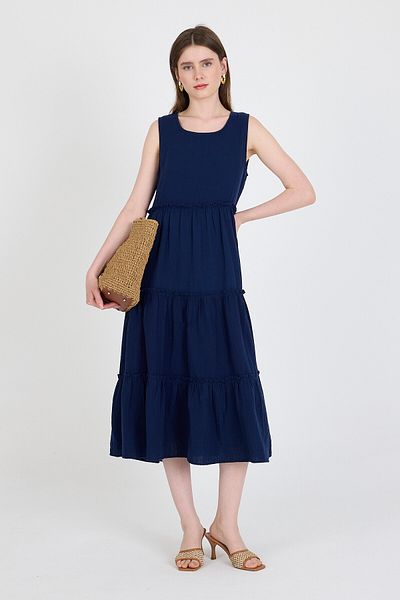 Rays Rochie midi fără mâneci cu aspect de in bleumarin, 100% bumbac, cu detaliu de volan 4738A