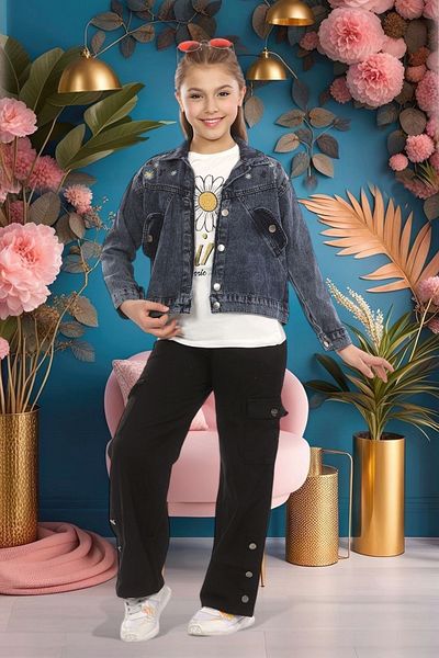 ASSAF Girls Cotton Stylish 2-Piece Set Jeans Patterned Jacket & Short-Sleeved Blouse