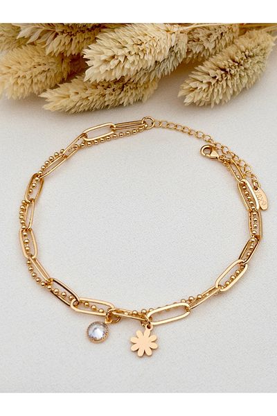 Siya Silver Topcuklu Paperclip Chain Steel Anklet - Double Chain Anklet Anklet
