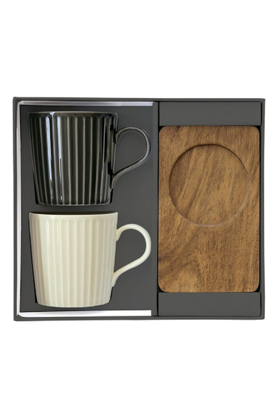 EasyLife طقم أكواب وصحن من مجموعة Take A Break، آمن للاستخدام في الميكروويف وغسالة الأطباق، باللونين الأبيض والأسود، سعة 380 مل