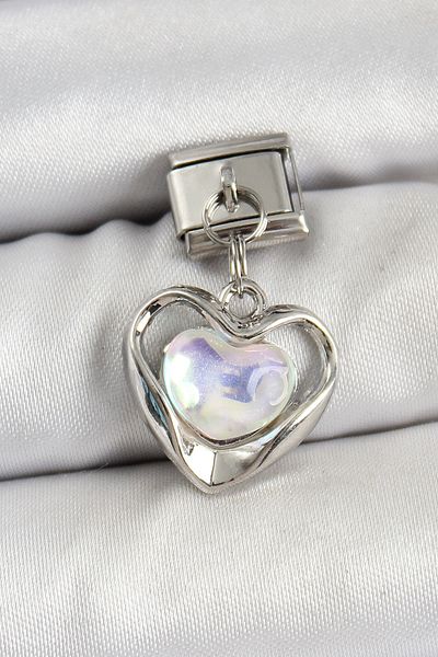 Clariss 316L Steel Dangle Zircon Stone Heart Model Silver Color Nomination Charm
