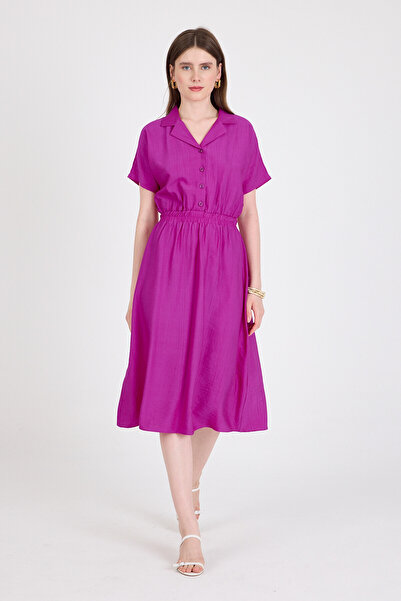 Rays Rochie midi cu mânecă scurtă, cu guler cămașă elastică în talie fucsia 4...