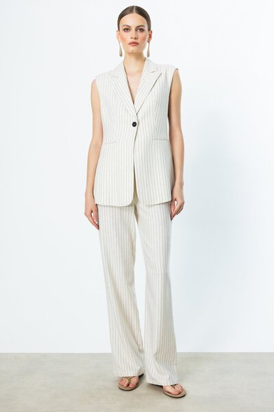 Ekol Stripe Patterned Single Button Vest