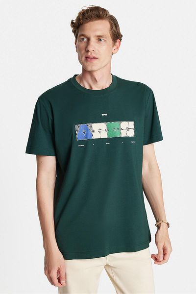 Tudors Relax Fit Relaxed Cut Cotton Front Print Detail Crew Neck Green Men's T-Shirt