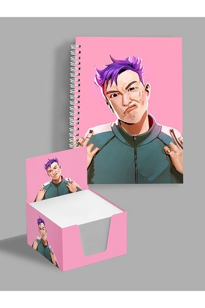 AYKUT OFSET Spiral, Lined Notebook Squid Game A5 Size 75 Sheets (150 Pages) + Cube Block Set