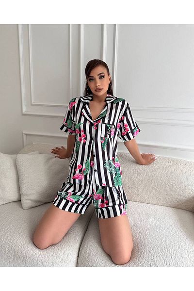 saviniboutique SAVİNİ Set de pijamale pentru femei Victoria din satin cu nasturi în față și model floral
