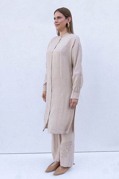 ALLDAY Beige-Embroidery Detailed Modal Trousers Suit
