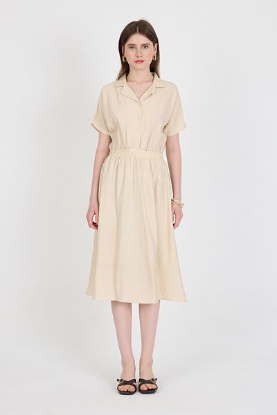 Rays Beige Elastic Waist Shirt Collar Short Sleeve Midi Dress 4475A
