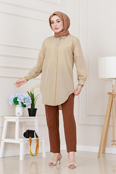 Sevitli Bust Stone Detailed Oversize Tunic-Beige