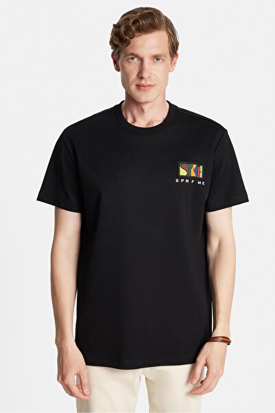 Tudors Relax Fit Άνετη εφαρμογή Βαμβακερή μπροστινή και πίσω εκτύπωση και λεπτομέρεια κεντήματος Crew λαιμόκοψη Λευκό μαύρο μπλουζάκι