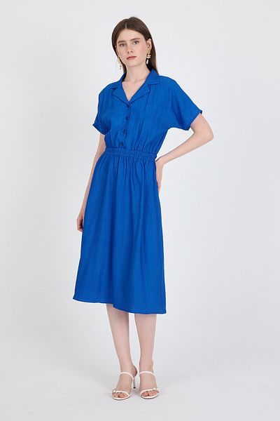 Rays Saks Waist Elastic Shirt Collar Short Sleeve Midi Dress 4475A