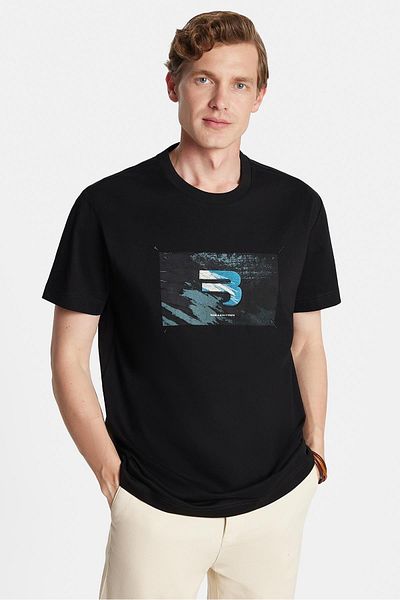 Tudors Relax Fit Relaxed Cut Cotton Front Print and Embroidery Detail Crew Neck Black Men's T-Shirt