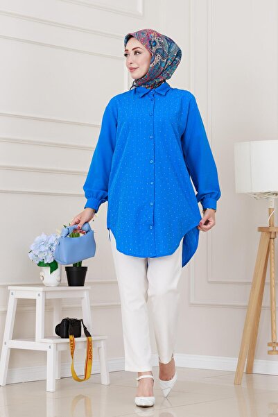 Sevitli Tunica oversize cu detaliu de piatră pe piept-albastru