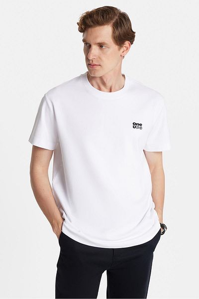 Tudors Relax Fit Relaxed Fit Cotton Front and Back Print and Embroidery Detail Crew Neck White Men's T-Shirt