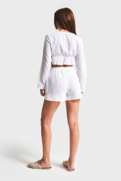 its basic Women's White Color S5-2 Linen Acrylic Fabric Design Shorts and Bustier 2-Piece Combination