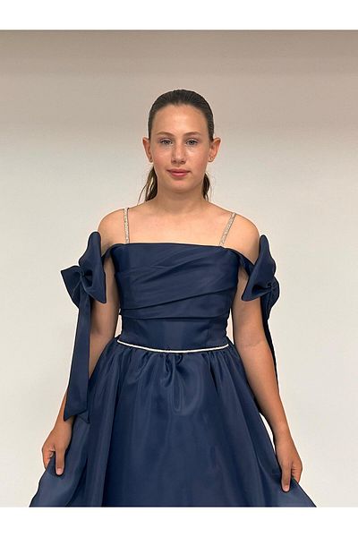 BUTİKHAPPYKİDS Girls' Evening Dress Baby Navy Blue Chiffon Sleeves Low Bow Detailed Tailed Evening Dress 10-15 Years