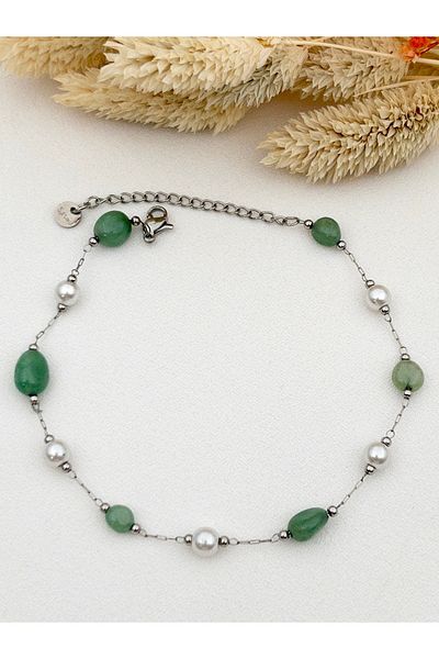 Siya Silver Green Agate Stone Pearl Steel Anklet - Natural Stone Anklet