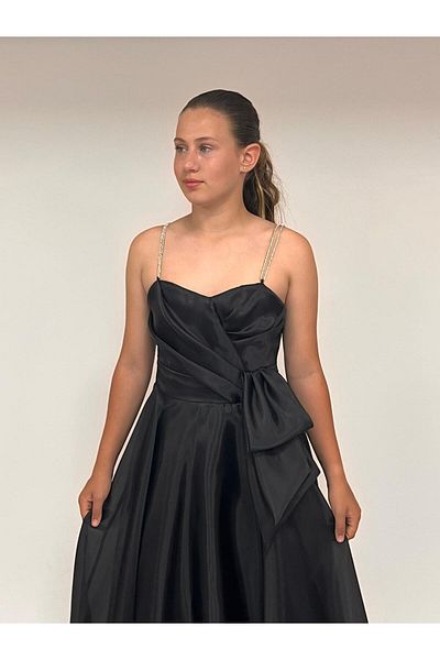 BUTİKHAPPYKİDS Girl's Evening Dress Black Stone Cord Strap Heart Collar Side Self Belt Detail Chiffon Long Evening Dress E