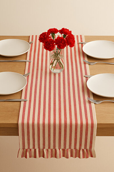 Mirilliahome مفرش كتان مخطط باللون الأحمر المكشكش مقاس 40 × 150 سم