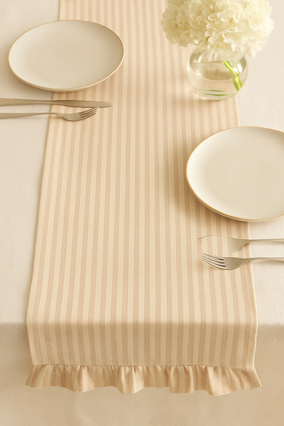 Mirilliahome مفرش طاولة من الكتان المخطط مكشكش مقاس 40 × 150 سم