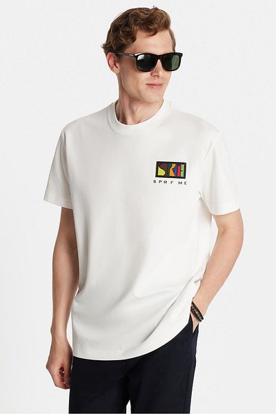 Tudors Relax Fit Relaxed Fit Cotton Front and Back Print and Embroidery Detail Crew Neck White Men's T-Shirt