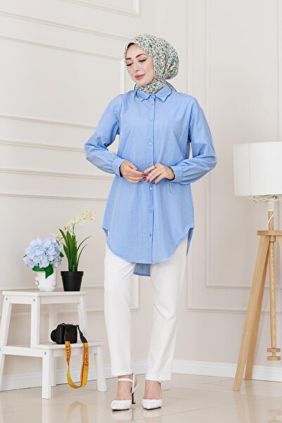 Sevitli Μπλουζάκι με λεπτομέρεια από πέτρα Oversize Tunik-Μωρό μπλε