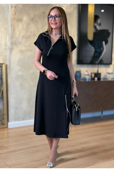 Little Visqon Rochie midi din viscoză cu două fire, cu mâneci scurte, decolteu și fermoar pe fustă
