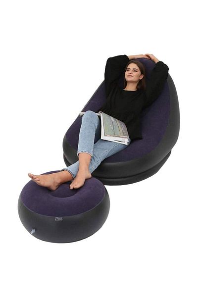 SIKS Inflatable Armchair Set With Footrest, Velvety Exterior, Made of PVC, 62x62x31cm, Black/Purple