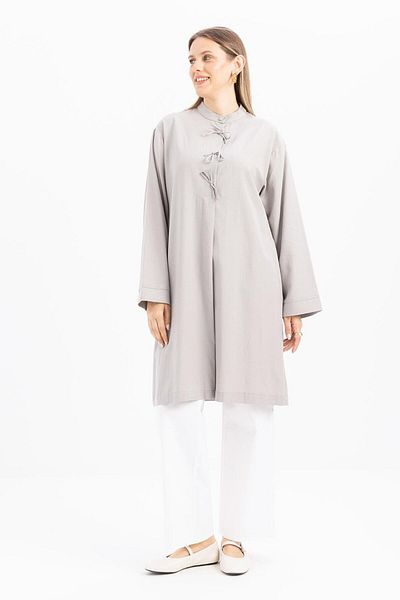 ALLDAY Gray-Half Patched Tie-Up Linen Tunic