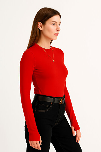 ParlaMira Women's Red Finger Snap Long Sleeve Crew Neck Lycra Bodysuit