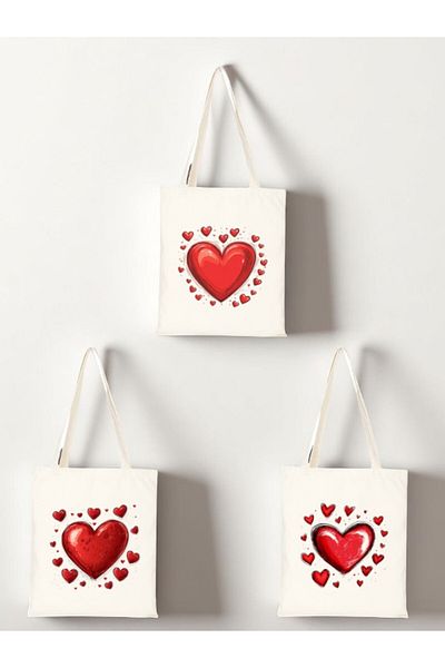 lili hediyelik Heart and Hearts Printed Cloth Bag 3-Piece Shoulder Bag - Birthday Gift for Women