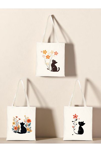 lili hediyelik Flower and Cat Printed Cloth Bag 3-Piece Shoulder Bag - Birthday Gift for Women Gift Product Item