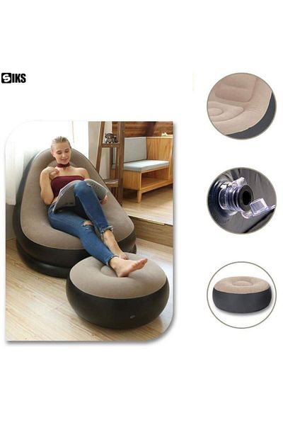 SIKS Inflatable Armchair Set With Footrest, 116x88x83cm, 55x55x29cm, Pump Included, Black/Beige