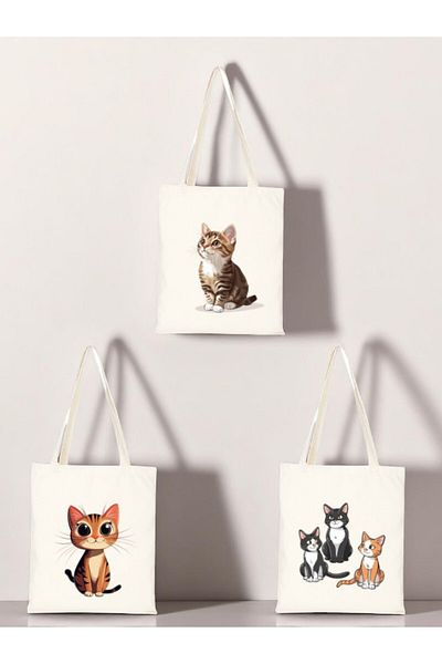 lili hediyelik Cats Printed Cloth Bag 3-Piece Shoulder Bag - Gift for Women Sweetheart