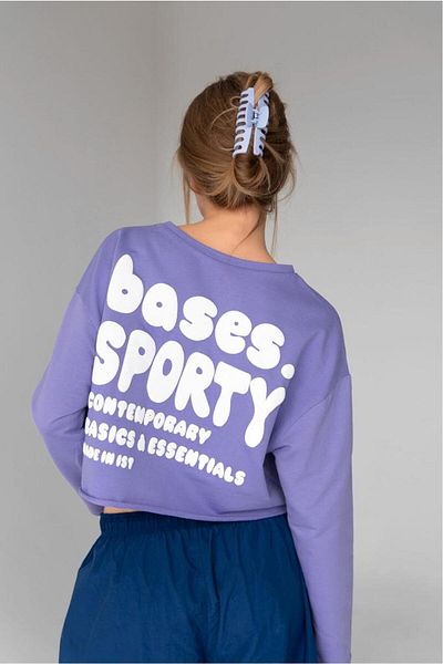 bases. Women's Purple Crew Neck Crop Puff Printed Long Sleeve Sweatshirt