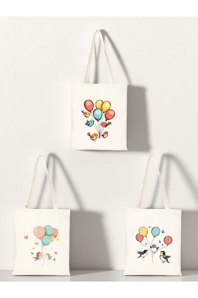 lili hediyelik Balloon Bird Printed Cloth Bag 3-Piece Shoulder Bag - Birthday Gift for Women Gift Product Merchandise