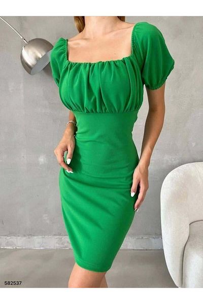 Modafeminen Collar Gipeli Sleeve Gathered Scuba Crepe Fabric Dress Green 582537