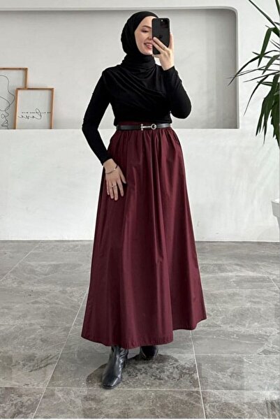 GALAVİP Kadın Yeni Sezon Uzun Çift Cepli Poplin Beli Lastikli Etek Astarsız (...